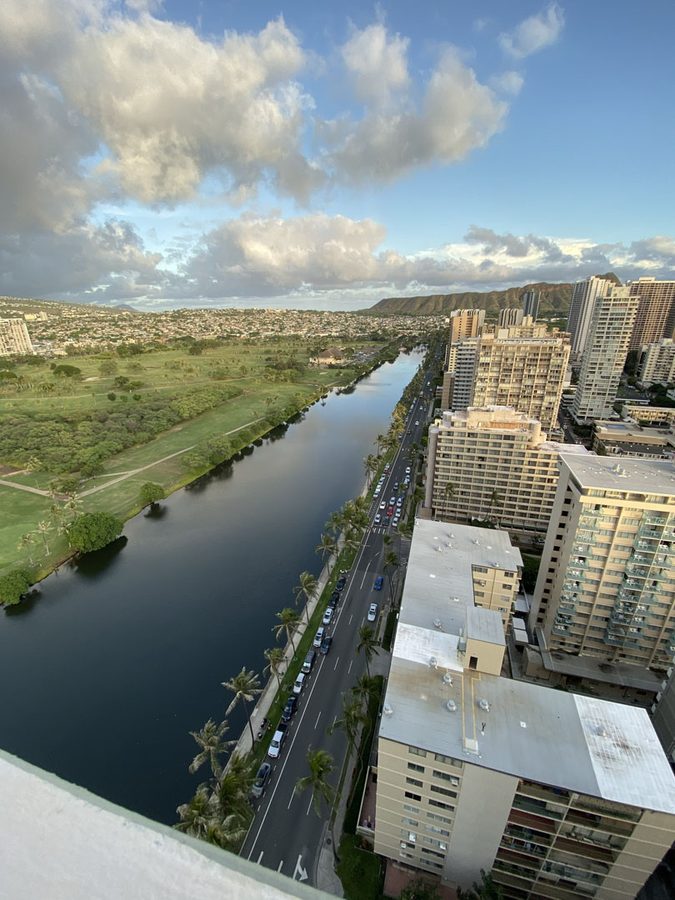 Aerial view of Kalakaua Avenue with Diamond Head in the background